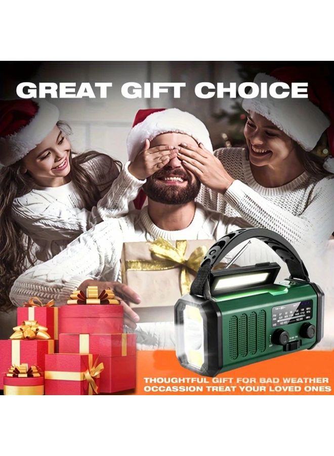 Green Solar Hand Crank Emergency Radio 10000mAh With Flashlight Compass SOS Phone Charger - Image 2