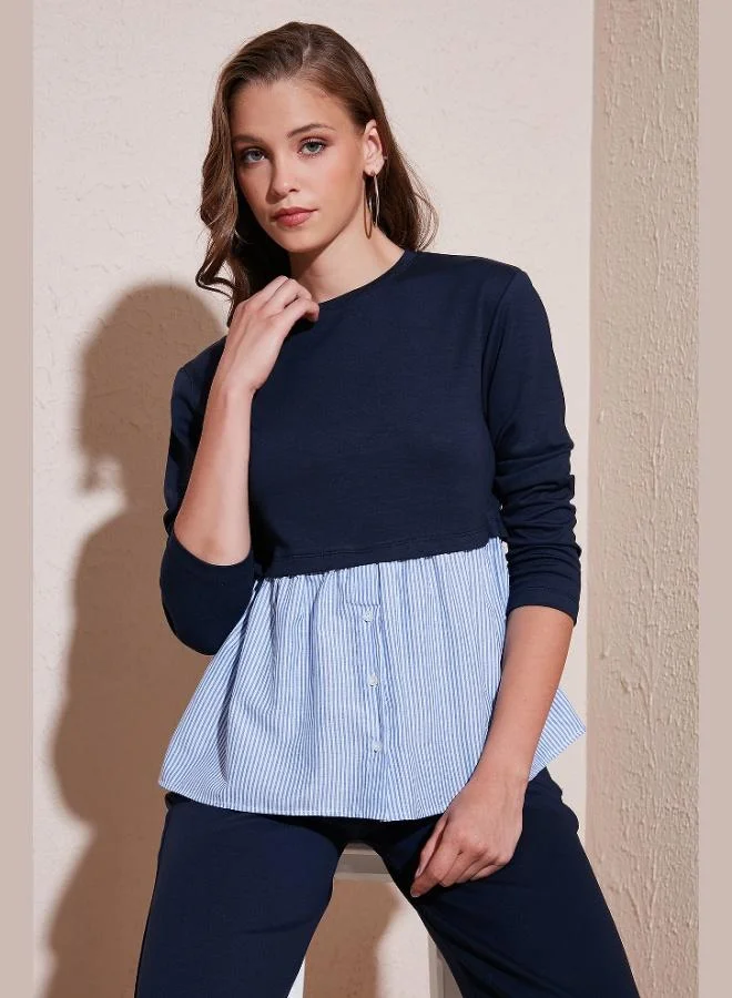 ليلا ليلا قميص بياقة دائرية مقاس كبير قماش أويشو سويت شيرت نسائي