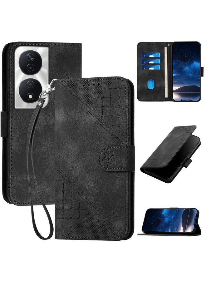 Green Tiger Case For Honor X7b 5G Grid Butterfly Embossed Pattern Leather Phone Case with Lanyard - Image 1