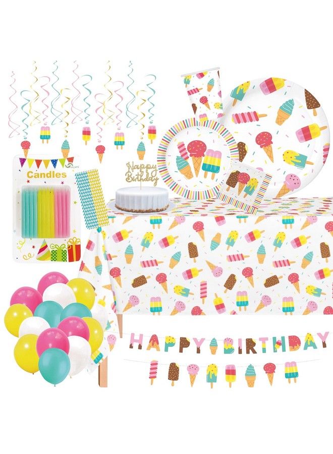 Oojami لوازم حفلة آيس كريم كاملة لخدمة 24 تشمل الأطباق والمناديل وأغطية الطاولات والبالونات والدوامات وزينة عيد الميلاد وقلادة كعكة والشمع والماصات مثالية لحفلة ذات موضوع آيس كريم وبوبسICLE - Image 1
