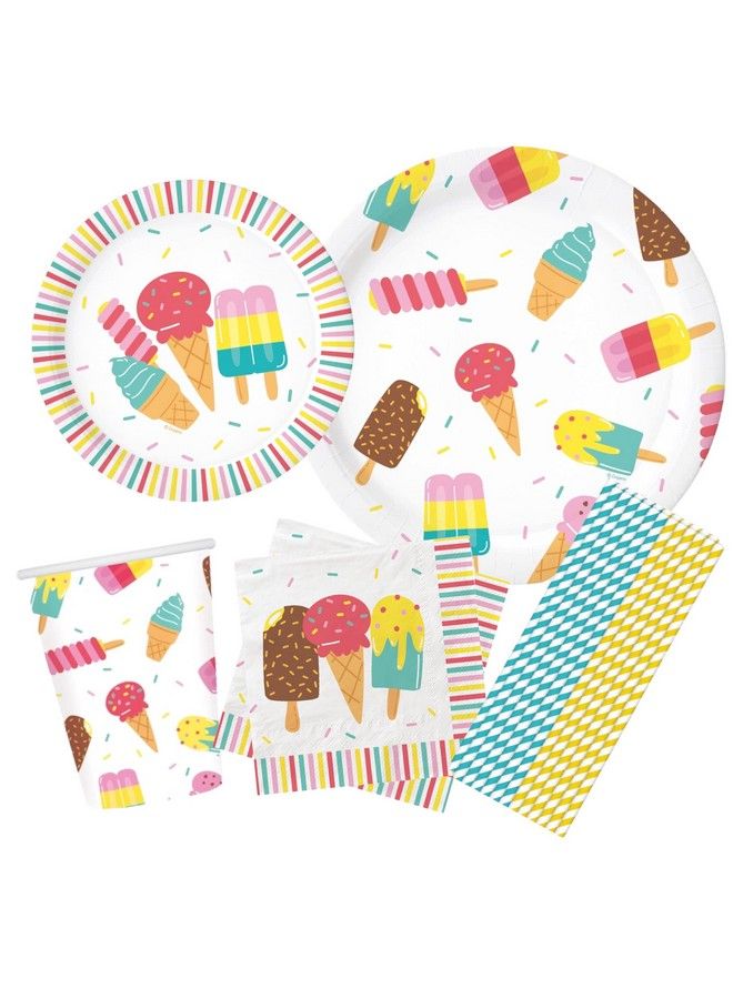 Oojami لوازم حفلة آيس كريم كاملة لخدمة 24 تشمل الأطباق والمناديل وأغطية الطاولات والبالونات والدوامات وزينة عيد الميلاد وقلادة كعكة والشمع والماصات مثالية لحفلة ذات موضوع آيس كريم وبوبسICLE - Image 3