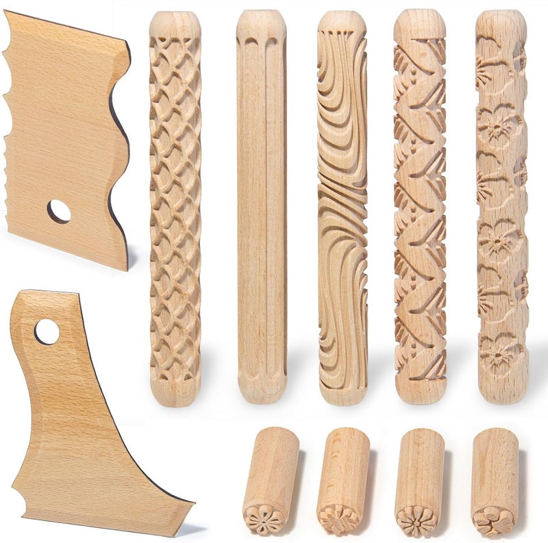 Krbnk 11 Pcs Clay Pottery Tools Kit with 5 Clay Texture Rollers,4 Clay Stamps,2 Foot Shapers Pottery Ribs Trimming | All-in-One Ceramic Carving Set for Clay Molding & Sculpting & Ceramics - Image 1