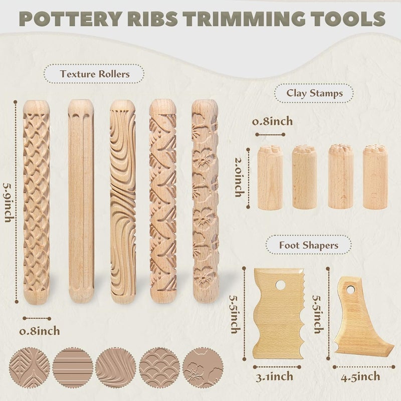 Krbnk 11 Pcs Clay Pottery Tools Kit with 5 Clay Texture Rollers,4 Clay Stamps,2 Foot Shapers Pottery Ribs Trimming | All-in-One Ceramic Carving Set for Clay Molding & Sculpting & Ceramics - Image 2
