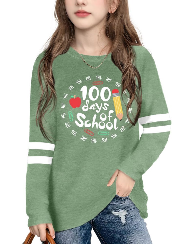 MEESHEEP 100 Days of School Shirt Kidsï¼šHappy 100 Day Shirts Boys Girls School-Day Tshirts Cute Graphic Tee Tops 4-12y(Green,120) - Image 1