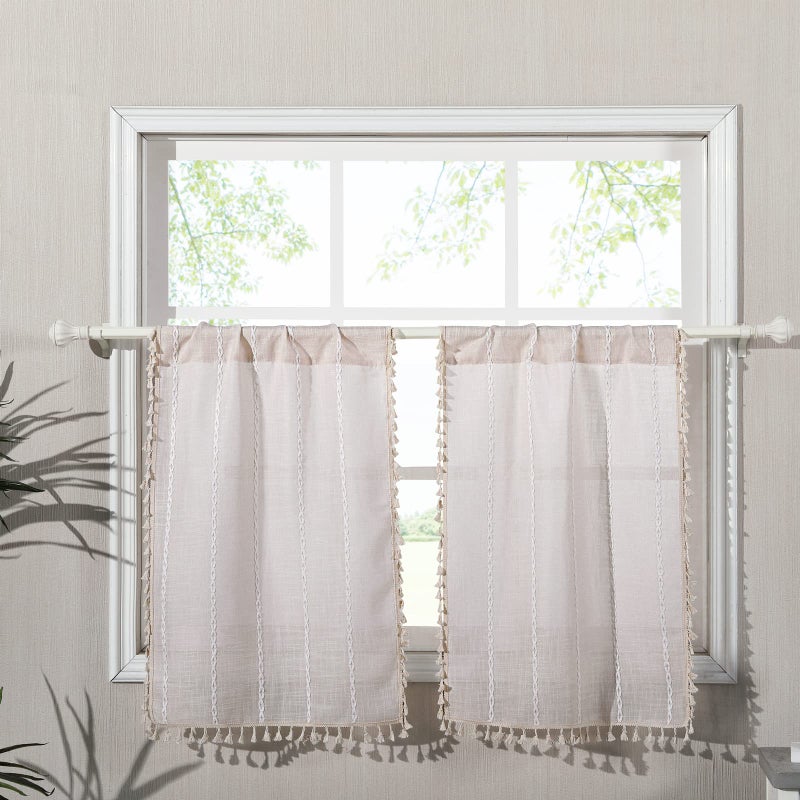 RoomTalks Boho Kitchen Curtains 36 Inch Length French Striped Farmhouse Vintage Chic Textured Tassel Short Cafe Curtains for Small Window Kitchen Bathroom Bohemian Decor (36â€™â€™L x 24â€™â€™W, Beige) - Image 1