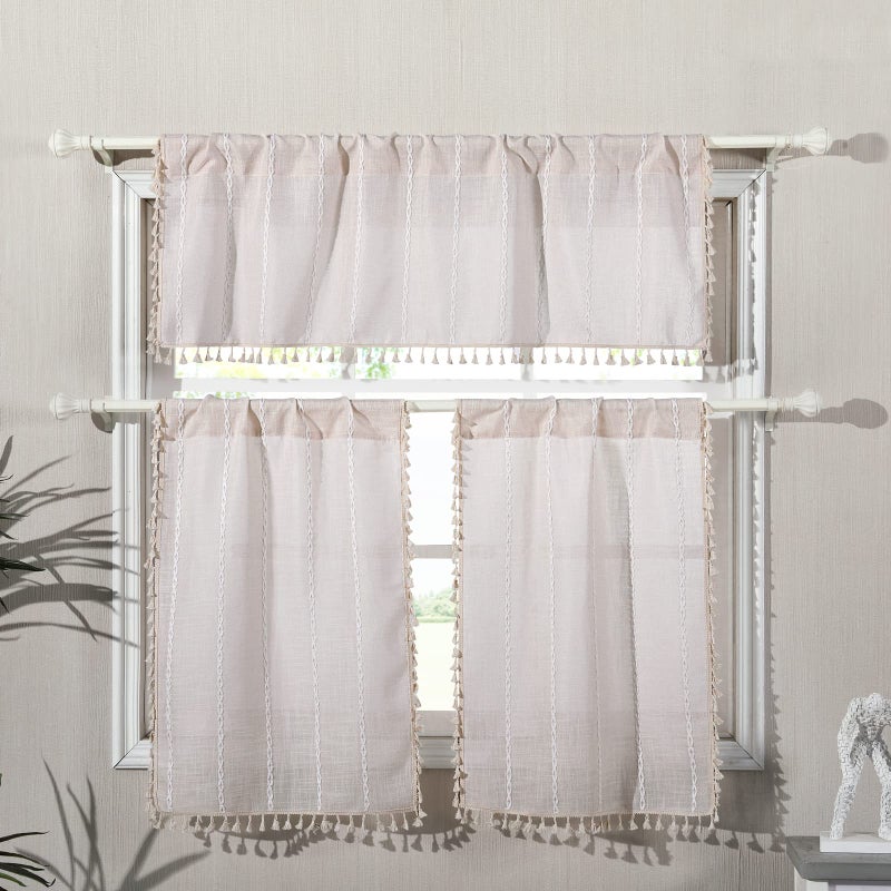 RoomTalks Boho Kitchen Curtains 36 Inch Length French Striped Farmhouse Vintage Chic Textured Tassel Short Cafe Curtains for Small Window Kitchen Bathroom Bohemian Decor (36â€™â€™L x 24â€™â€™W, Beige) - Image 3