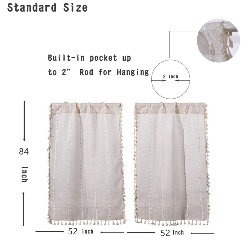 RoomTalks Boho Kitchen Curtains 36 Inch Length French Striped Farmhouse Vintage Chic Textured Tassel Short Cafe Curtains for Small Window Kitchen Bathroom Bohemian Decor (36â€™â€™L x 24â€™â€™W, Beige) - Image 5