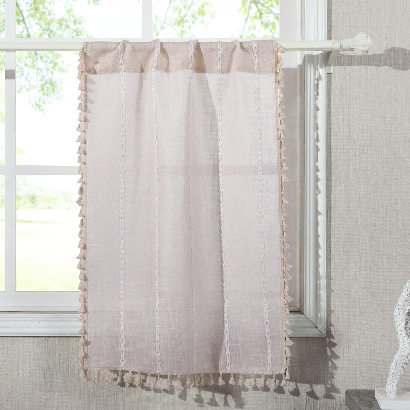 RoomTalks Boho Kitchen Curtains 36 Inch Length French Striped Farmhouse Vintage Chic Textured Tassel Short Cafe Curtains for Small Window Kitchen Bathroom Bohemian Decor (36â€™â€™L x 24â€™â€™W, Beige) - Image 2