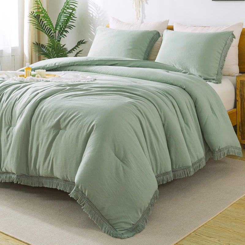 Andency Sage Green Tassel Comforter Set Full79x90Inch 3 Pieces1 Fringe Comforter 2 Pillowcases Boho Farmhouse Shabby Chic  Microfiber Lightweight Bedding Set