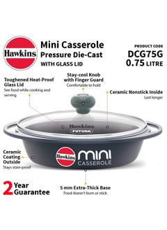 Hawkins Hawkins 0.75 Litre Mini Casserole with Glass Lid, Oval Shaped Die-Cast pan for Cooking, Reheating, Serving and Storing, Grey (DCG75G)  - Image 2