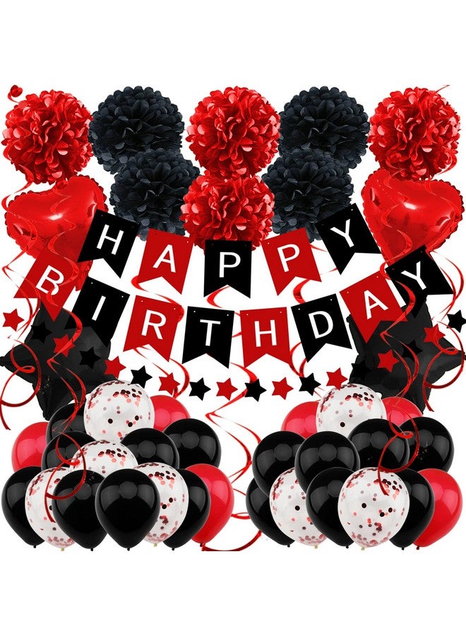 ZERODECO Birthday Decorations, Black And Red Birthday Party Decorations Happy Birthday Banner Pompoms Balloon For Boys Girls Men Women Birthday Party Decorations Supplies  - Image 1