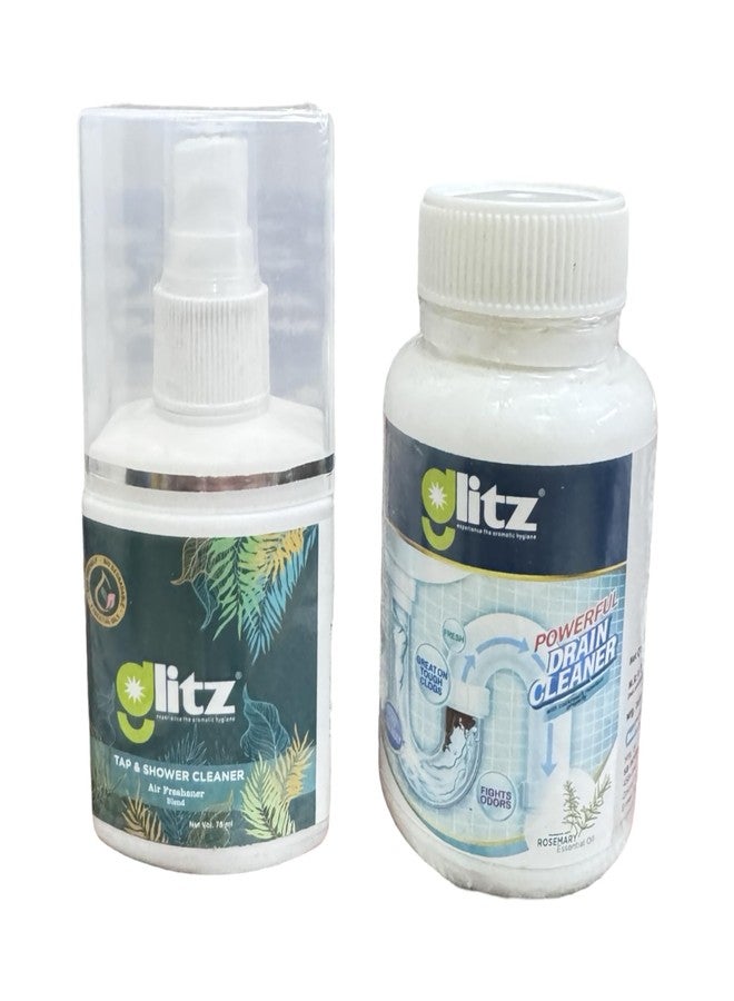 Glitz Organic Tap & Shower Cleaner Combo 75ML | Free Drain Cleaner |Essential Oils Aroma| Hard Water Stain Removal | All Purpose Use - Image 1