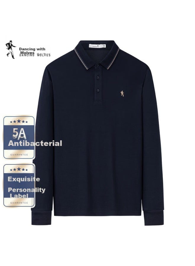 Dancing Wolves 5a Antibacterial Business Commute Stylish Exquisite Embroidery Men's Long Sleeve Polo Shirt 102 Dark Blue 185 - Image 1