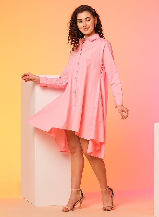 Globus Women Peach Solid Asymmetric Hem Shirt Mini Dress - Image 2