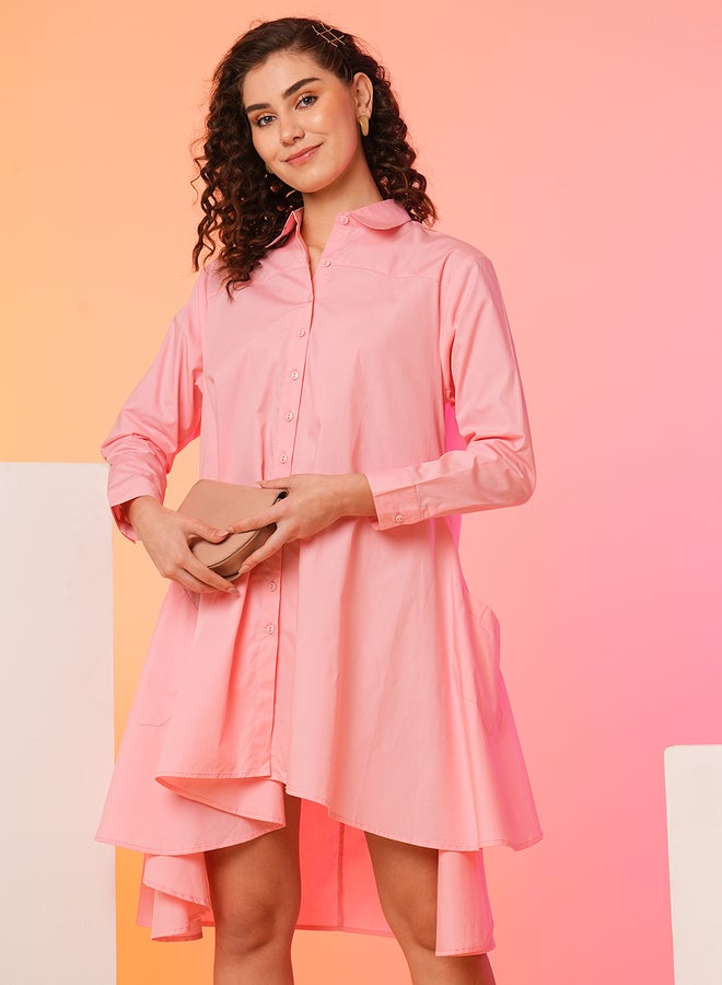 Globus Women Peach Solid Asymmetric Hem Shirt Mini Dress - Image 1