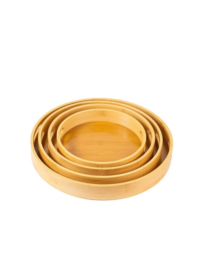 4-Piece Round Wooden Nesting Serving Trays Set with Integrated Handles - Graduated Bamboo Hospitality & Decorative Ottoman Platters - Image 2