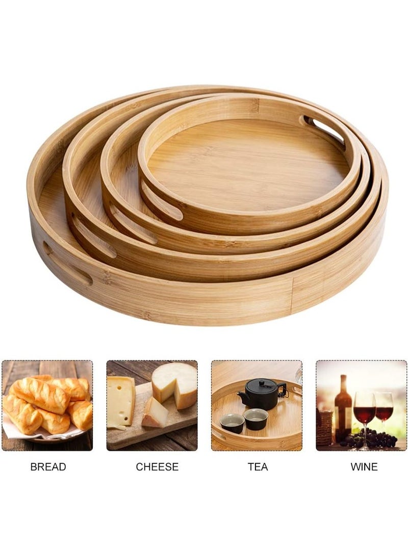 4-Piece Round Wooden Nesting Serving Trays Set with Integrated Handles - Graduated Bamboo Hospitality & Decorative Ottoman Platters - Image 4
