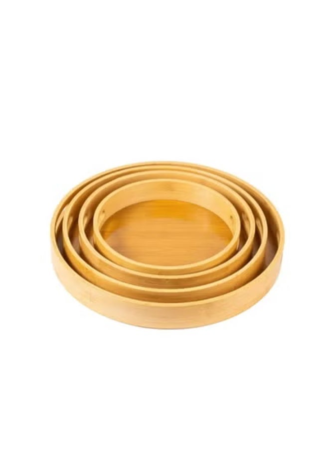 4-Piece Round Wooden Nesting Serving Trays Set with Integrated Handles - Graduated Bamboo Hospitality & Decorative Ottoman Platters - Image 1