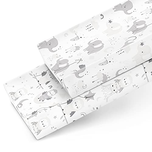 Joey + Joan Changing Pad Covers for Baby Diaper Changing Table Pad – Neutral for Boys and Girls 100% Jersey Cotton Sheets – Grey White Elephant, Star, Cloud, Moon, Owl – 2 Pack - Image 1