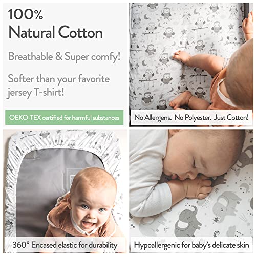Joey + Joan Changing Pad Covers for Baby Diaper Changing Table Pad – Neutral for Boys and Girls 100% Jersey Cotton Sheets – Grey White Elephant, Star, Cloud, Moon, Owl – 2 Pack - Image 3