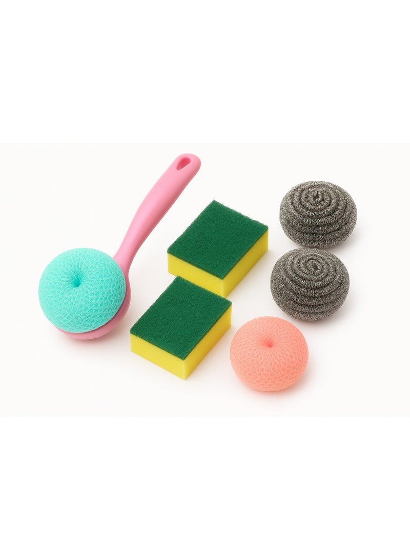 7-Piece Kitchen Cleaning Set – 2 Steel Scourers + 2 Double-Sided Sponges + 2 Round Scrubbers + Plastic Handle – Multi Colors - Image 1