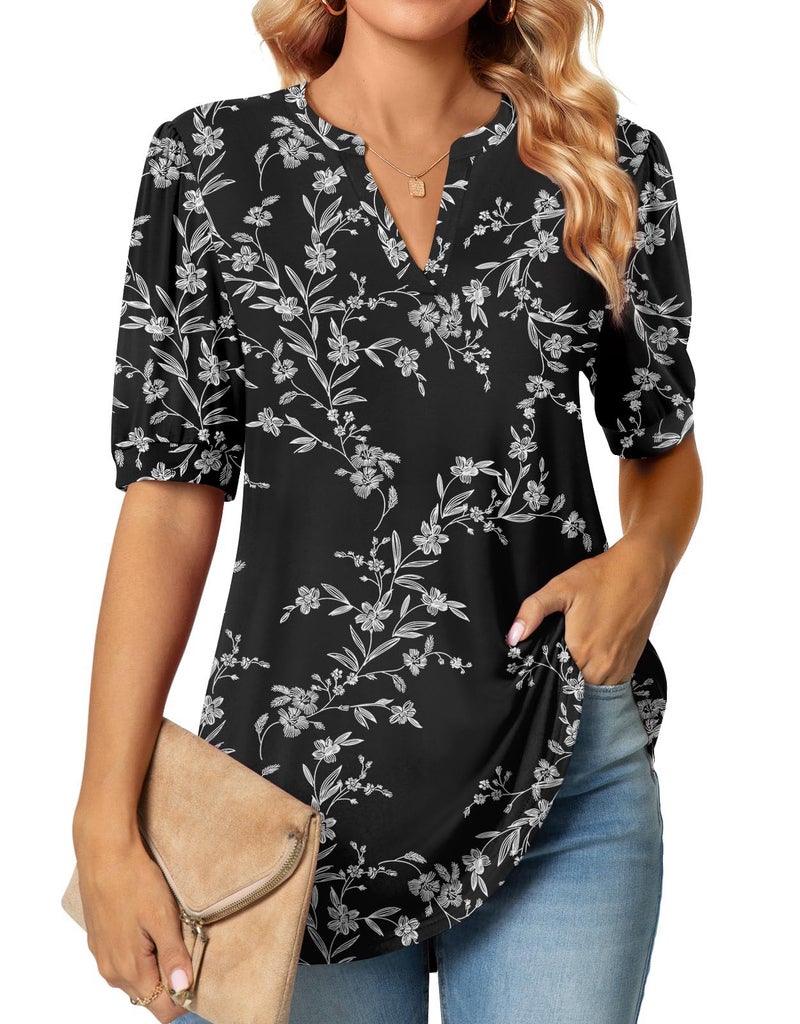 Anyally Womens Summer V-Neck T-Shirts Puff Short Sleeve Tops Plus Size Cute Work Blouses, 2XL Carved White + Black - Image 1