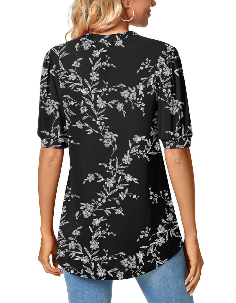 Anyally Womens Summer V-Neck T-Shirts Puff Short Sleeve Tops Plus Size Cute Work Blouses, 2XL Carved White + Black - Image 4