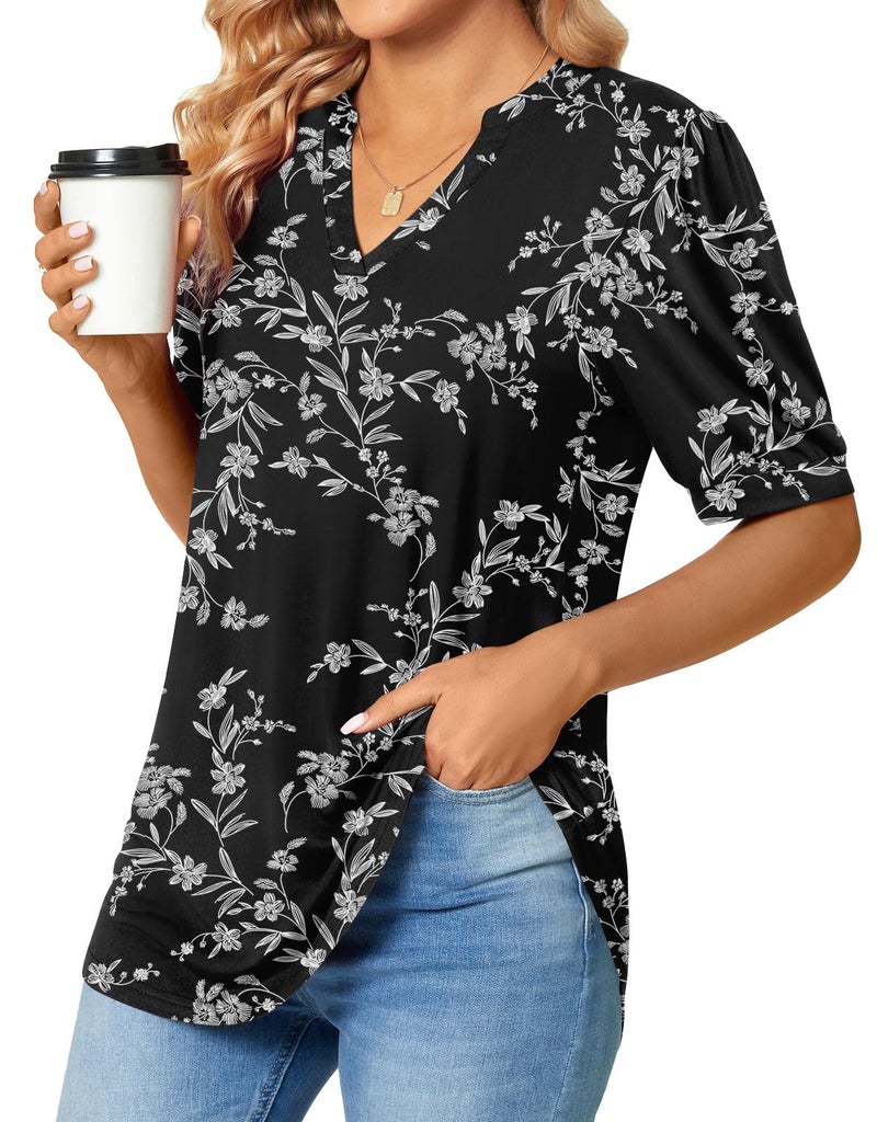 Anyally Womens Summer V-Neck T-Shirts Puff Short Sleeve Tops Plus Size Cute Work Blouses, 2XL Carved White + Black - Image 2