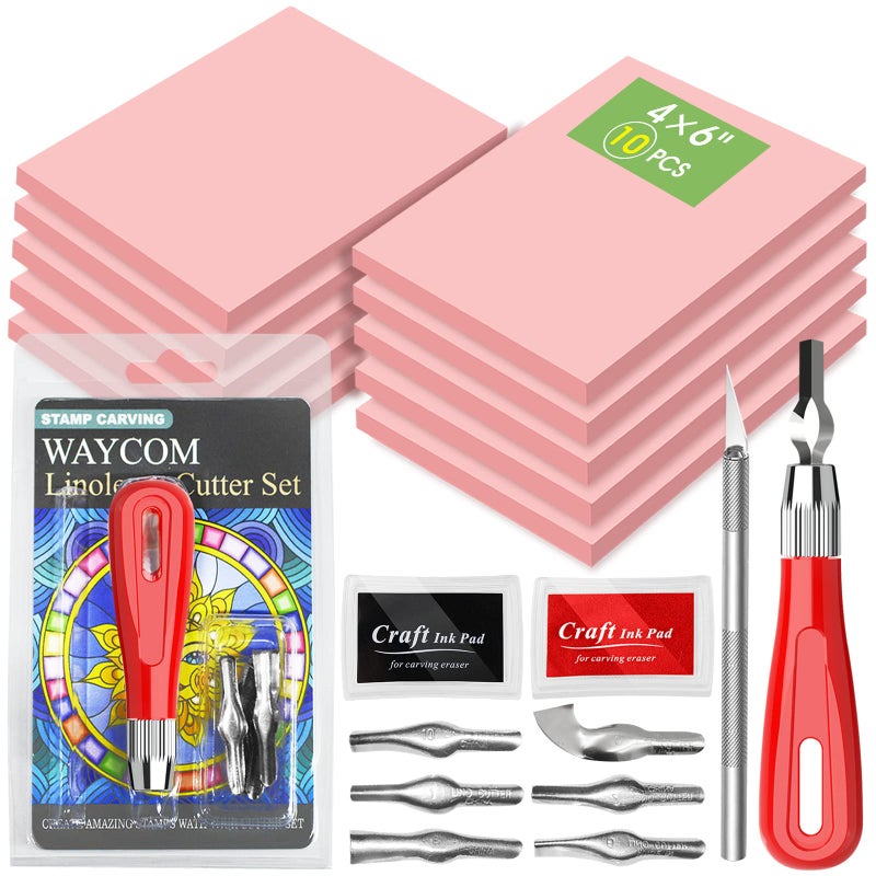 WAYCOM 10Pack Linoleum Blocks for Printmaking with Cutter Tools Rubber Stamp Making Kit Rubber Block Stamp Carving Blocks Craft Ink Pad Hobby Knife Pencil for DIY PrintmakingPrinting and More