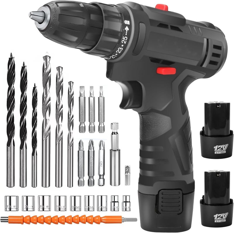 WEMART 12V Cordless Drill Set, Power Drill With Battery And Charger, Electric Drill 3/8" Keyless Chuck With 24 Accessories, 2 Speed, 25+3 Position, Compact Drill Driver Kit For Home & Diy Project - Image 1