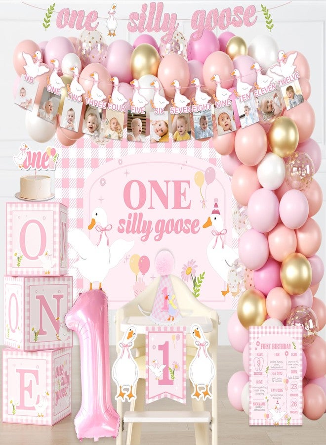 cocomigo One Silly Goose Birthday Decor Girl, Silly Goose Photo Banner Cake Topper Goose Balloon One High Chair Banner Goose Party Backdrop and Crown Goose First Birthday Decorations For Girl - Image 1