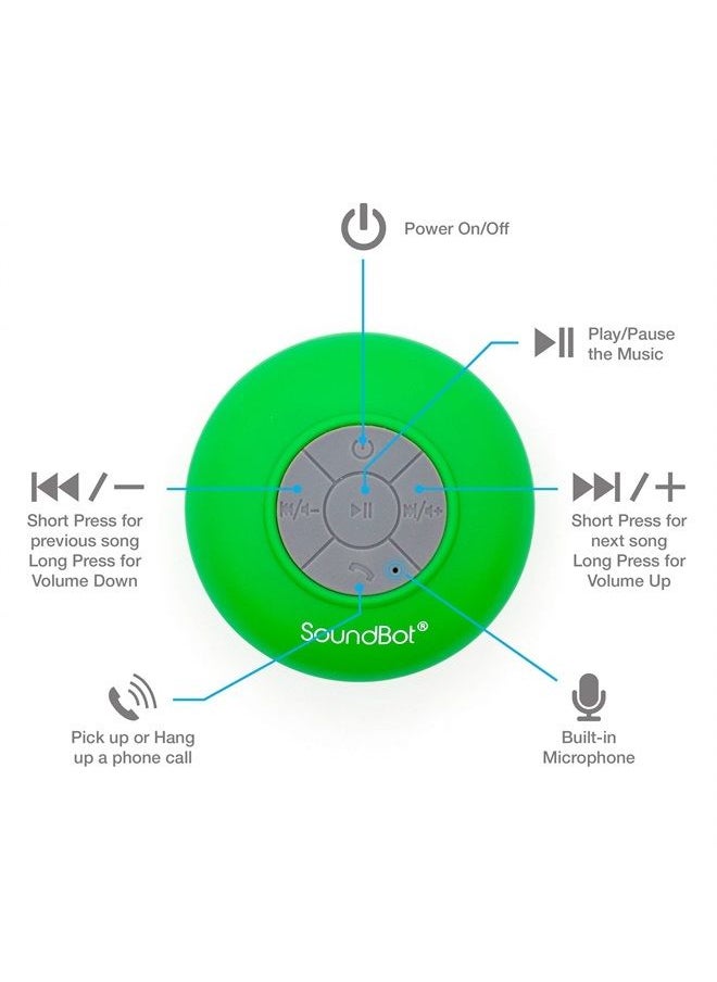 SB510 Bluetooth Shower Speaker HD Water Resistant Bathroom Speakers, Handsfree Portable Speakerphone with Built-in Mic, 6hrs of Playtime, Control Buttons and Dedicated Suction Cup (Green)
