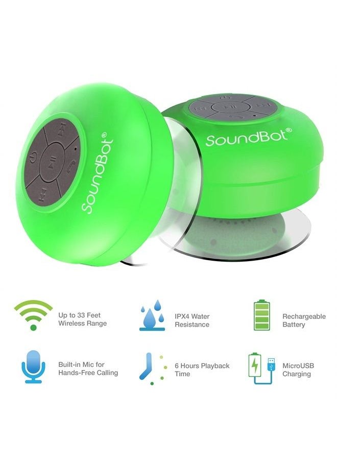 SB510 Bluetooth Shower Speaker HD Water Resistant Bathroom Speakers, Handsfree Portable Speakerphone with Built-in Mic, 6hrs of Playtime, Control Buttons and Dedicated Suction Cup (Green)