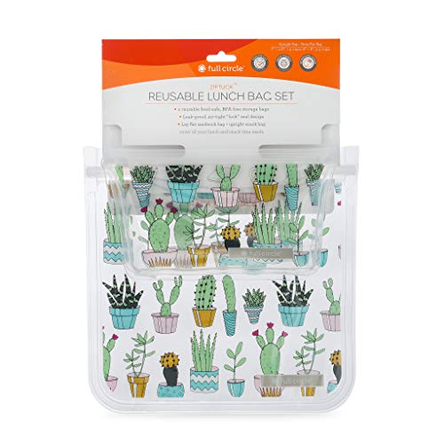 Full Circle Ziptuck Reusable Lunch Bag Set – 1 Sandwich Bag and 1 Snack Bag - Multi-Use Leak-Free Food-Safe Storage Bags – BPA-Free, Cactus Party - Image 1