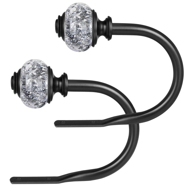 USFOOK 2 Pack Curtain Holdbacks, USFOOK Black Decorative Window Drapery Tiebacks (2 Pack/1 Pair), Curtain Tie Back Hooks for Wall with Translucent Finials (3.95" L x 3.4" W) - Image 1