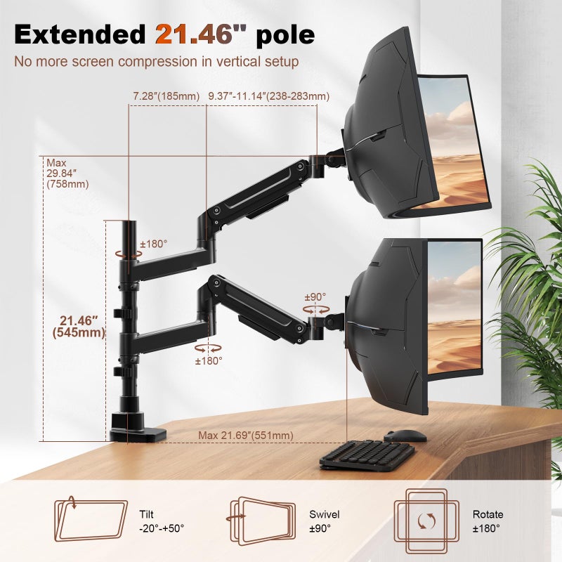 PUTORSEN Dual Monitor-Arm Heavy-Duty for 17-49-inch Screens - Premium Vertical Stacked Dual Monitor Arm Desk Mount for Ultrawide Screens up to 44lbs, Fully Adjustability, VESA 75/100 mm, Black - Image 3