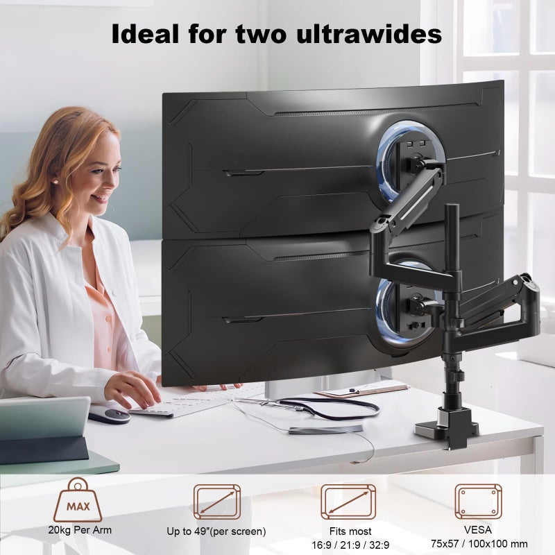 PUTORSEN Dual Monitor-Arm Heavy-Duty for 17-49-inch Screens - Premium Vertical Stacked Dual Monitor Arm Desk Mount for Ultrawide Screens up to 44lbs, Fully Adjustability, VESA 75/100 mm, Black - Image 2