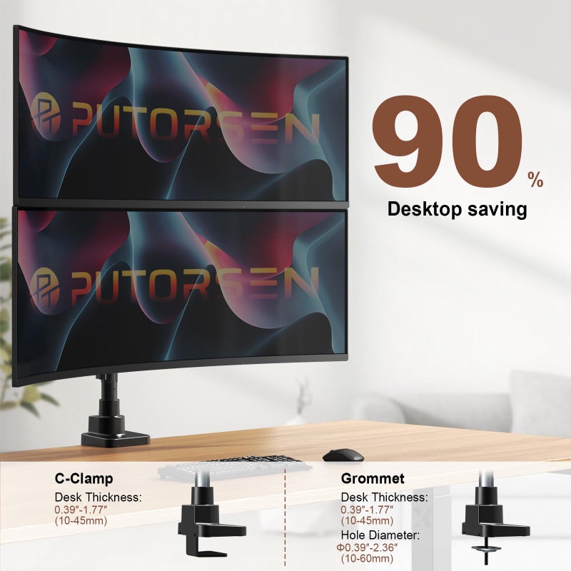 PUTORSEN Dual Monitor-Arm Heavy-Duty for 17-49-inch Screens - Premium Vertical Stacked Dual Monitor Arm Desk Mount for Ultrawide Screens up to 44lbs, Fully Adjustability, VESA 75/100 mm, Black - Image 5
