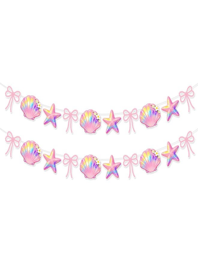 CYUXING 2Pcs Pink Bow Seashell Wreath, Beach Bachelorette Party Decorations Seashell Party Decor, Exquisite & Beautiful Hanging Garland Decorations for Summer Birthdays Weddings - Image 1