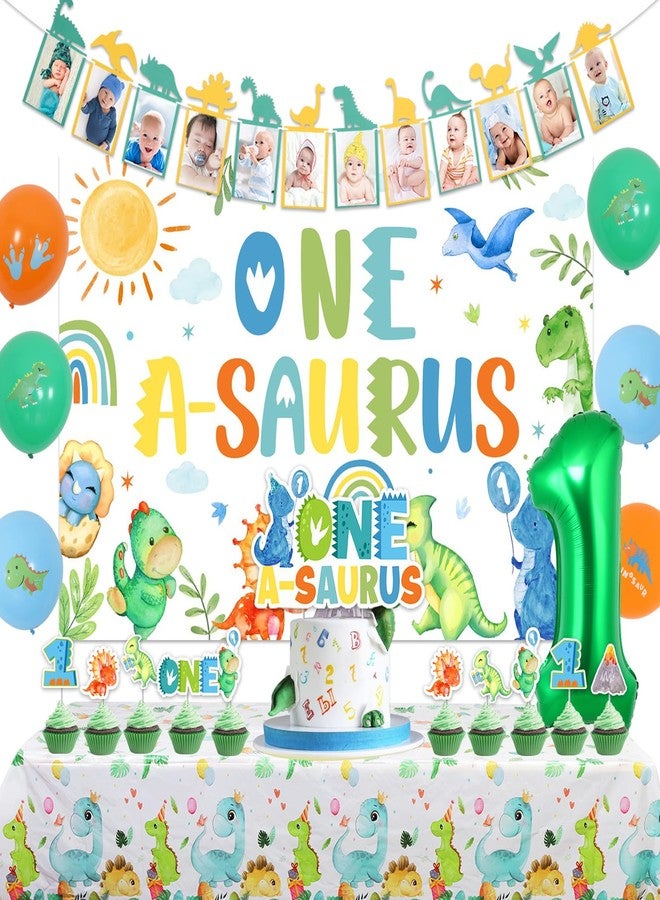 Balterever One a Saurus Birthday Decorations for Boys Dinosaur 1st Birthday Decoration with Dinosaur Birthday Photo Banner One a Saurus Birthday Backdrop, Cake Cupcake Toppers Dinosaur Bday Tablecloth - Image 1