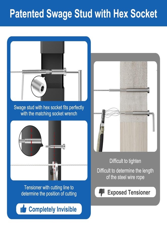 BLIKA Upgraded 10 Pairs 1/8" Invisible Cable Railing Kits, Hidden Swage Tensioner and Ends for 2"x2" Wood & Metal Posts, T316 Stainless Steel, Deck Stair Cable Railing Hardware - Image 4