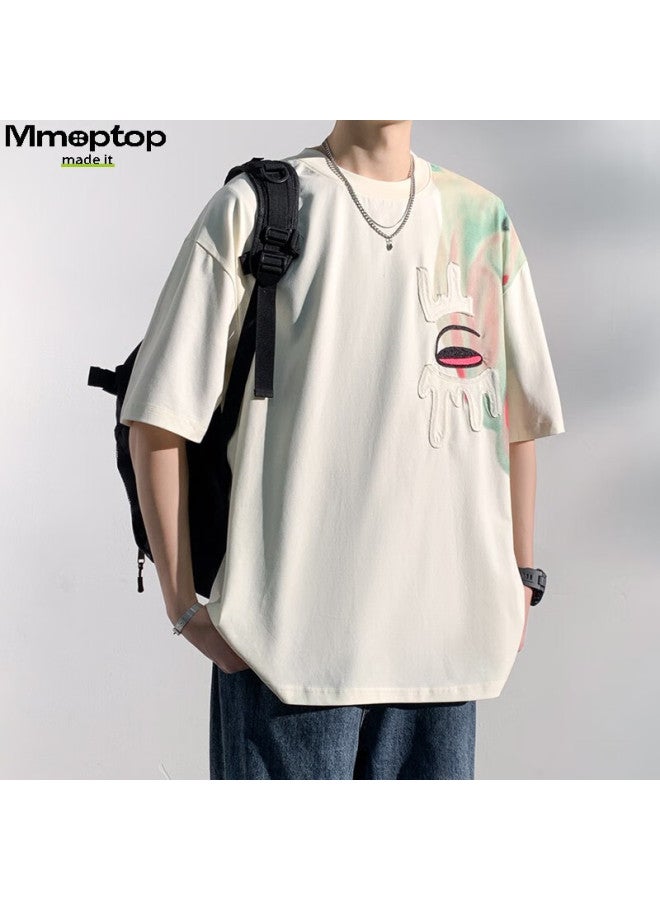 Mmoptop American High Street Ice Silk T-shirt Summer Men's Patchwork Breathable Comfortable Design Short Sleeve Mtx05 Beige L - Image 4
