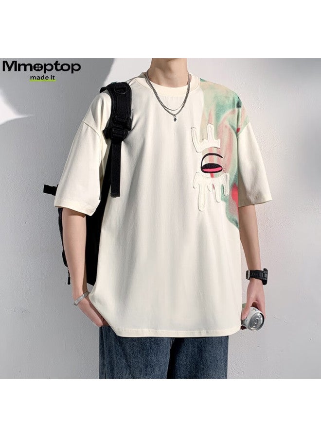 Mmoptop American High Street Ice Silk T-shirt Summer Men's Patchwork Breathable Comfortable Design Short Sleeve Mtx05 Beige L - Image 2