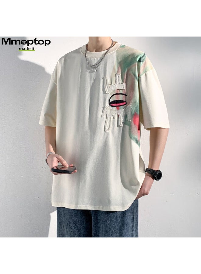 Mmoptop American High Street Ice Silk T-shirt Summer Men's Patchwork Breathable Comfortable Design Short Sleeve Mtx05 Beige L - Image 1