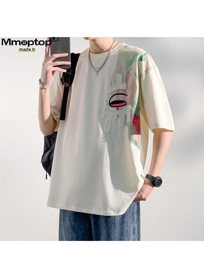 Mmoptop American High Street Ice Silk T-shirt Summer Men's Patchwork Breathable Comfortable Design Short Sleeve Mtx05 Beige L - Image 5