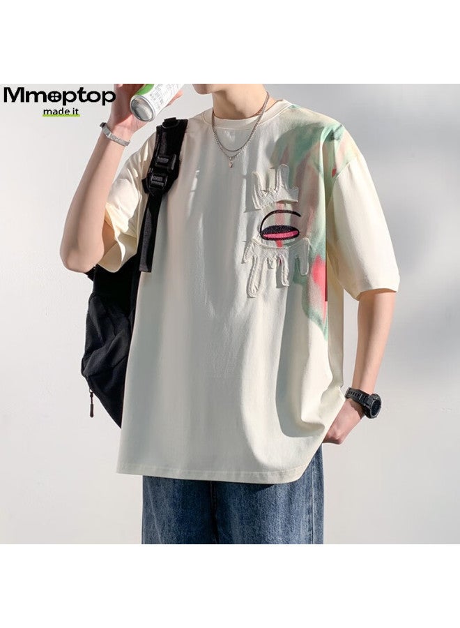 Mmoptop American High Street Ice Silk T-shirt Summer Men's Patchwork Breathable Comfortable Design Short Sleeve Mtx05 Beige L - Image 3