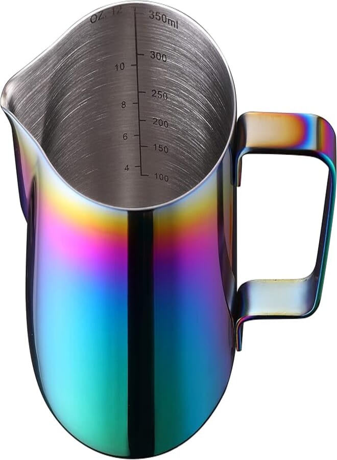 Joytata Stainless Steel Milk Frother - 12oz, 350ml Steaming Pitcher - Perfect for Latte Art, Espresso & Cappuccino Makers - Rainbow Color