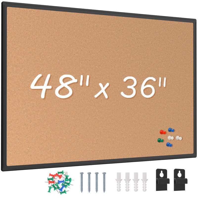 Board2by Bulletin Board 48 x 36, Black Aluminium Framed 4x3 Corkboard , Large Wall Mounted Notice Board with 18 Push Pins for School, Home & Office - Image 1