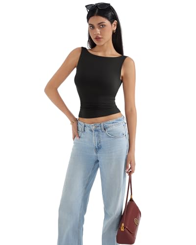 SUUKSESS Women Built in Bra Open Back Boat Neck Tank Tops Double Lined Backless Y2K Going Out Top Basic Shirt (Black,M) - Image 5