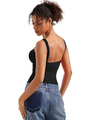 SUUKSESS Women Built in Bra Open Back Boat Neck Tank Tops Double Lined Backless Y2K Going Out Top Basic Shirt (Black,M) - Image 3